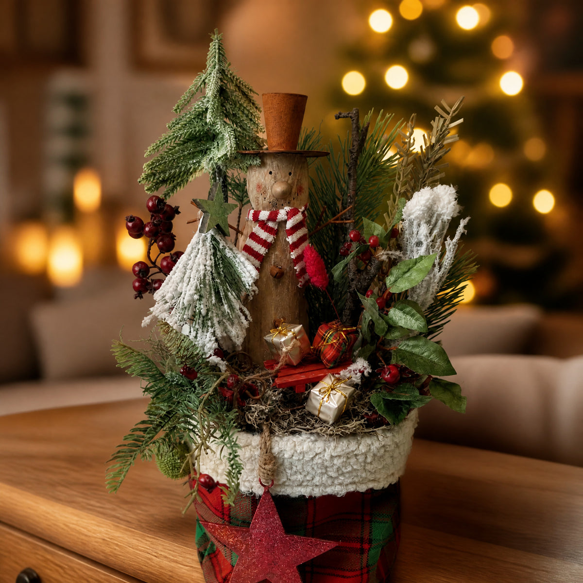 Szene Wintergesteck Weihnachtsgesteck Schneemann Schlitten Tanne rot grün