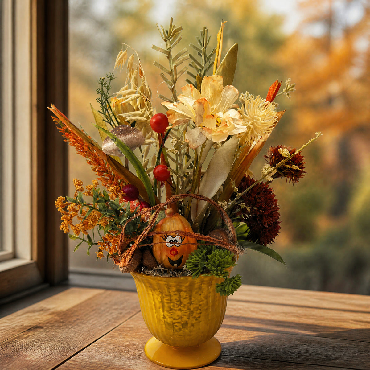 Szene Herbstgesteck Kürbis Pilz Blüten Gräser orange gelb