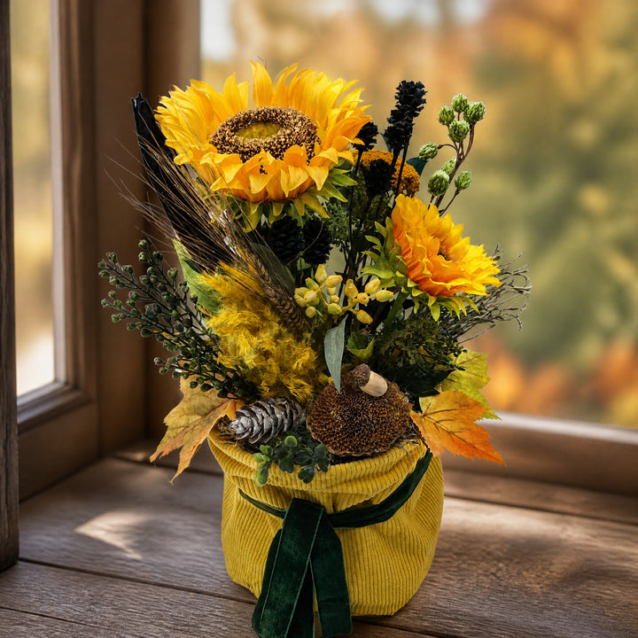 Szene Herbstgesteck Sonnenblumen Zapfen Laub Gräser gelb grün