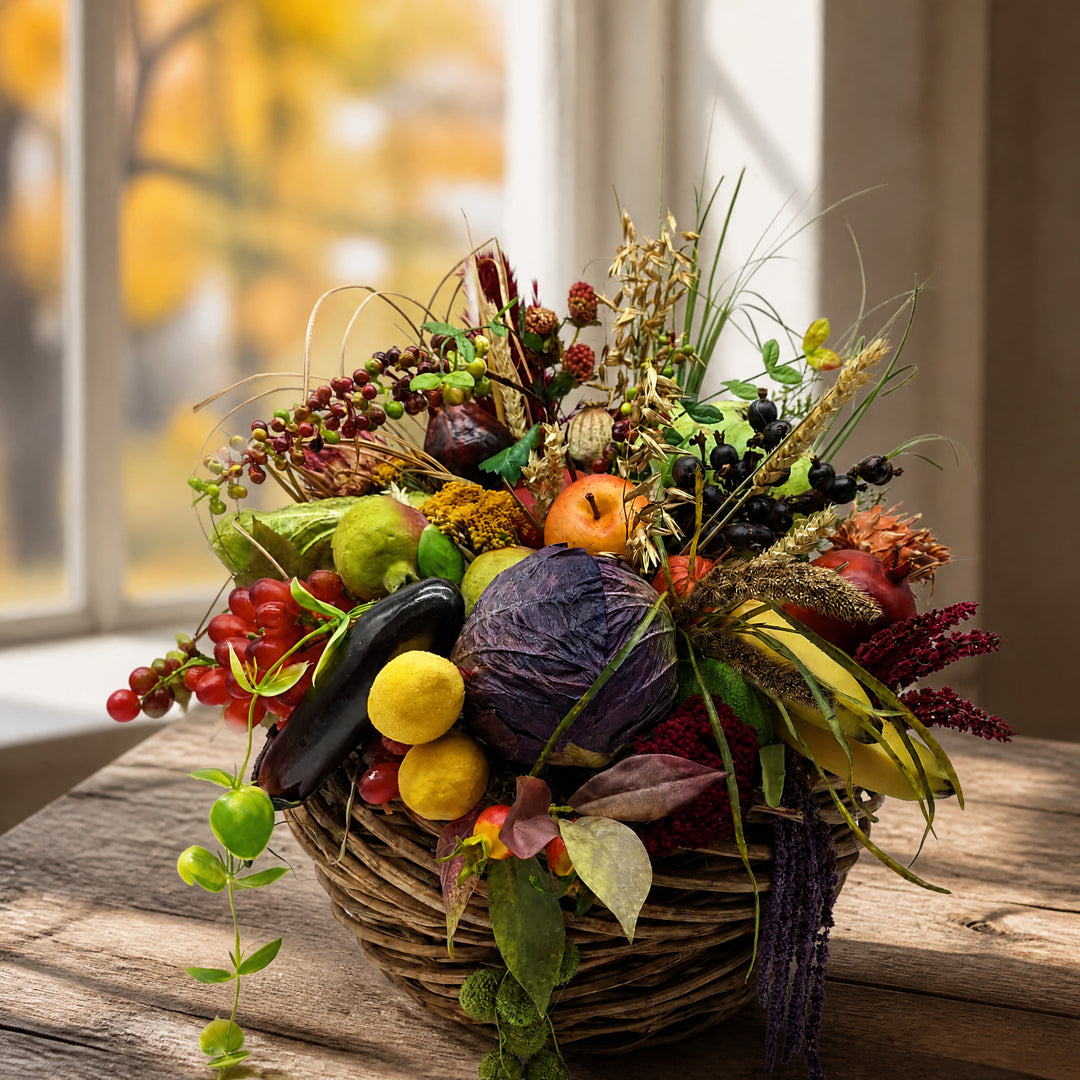 Szene Herbstgesteck Erntedank Korb Obst Gemüse Beeren Gräser bunt