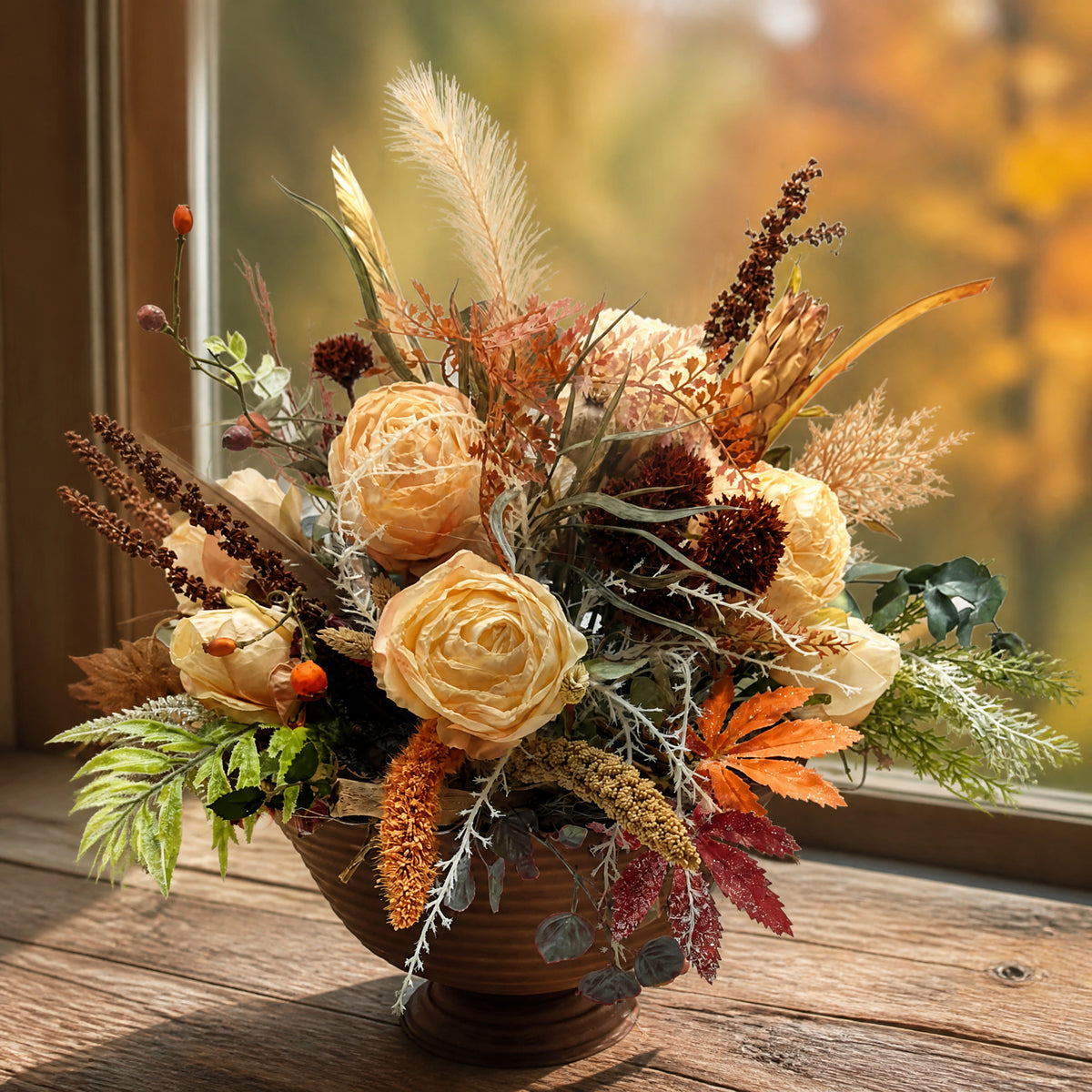 Szene Herbstgesteck Rosen Federn Gräser Blätter apricot creme in Rostschale