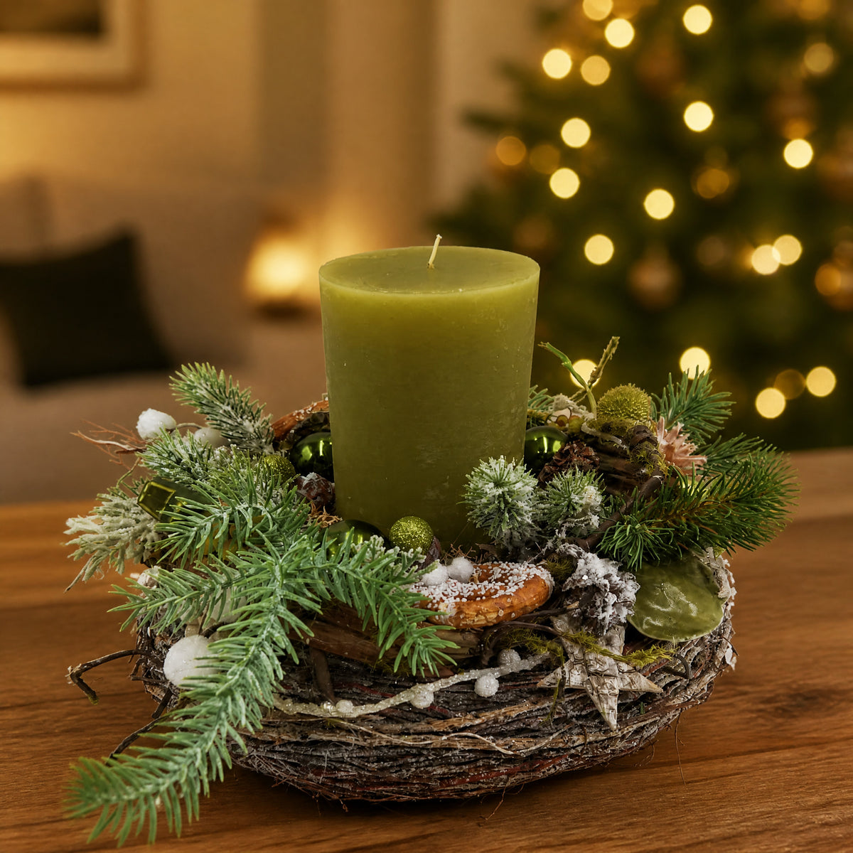 Szene Wintergesteck Weihnachtsgesteck Tischgesteck Kerze Kugeln Brezel grün weiß