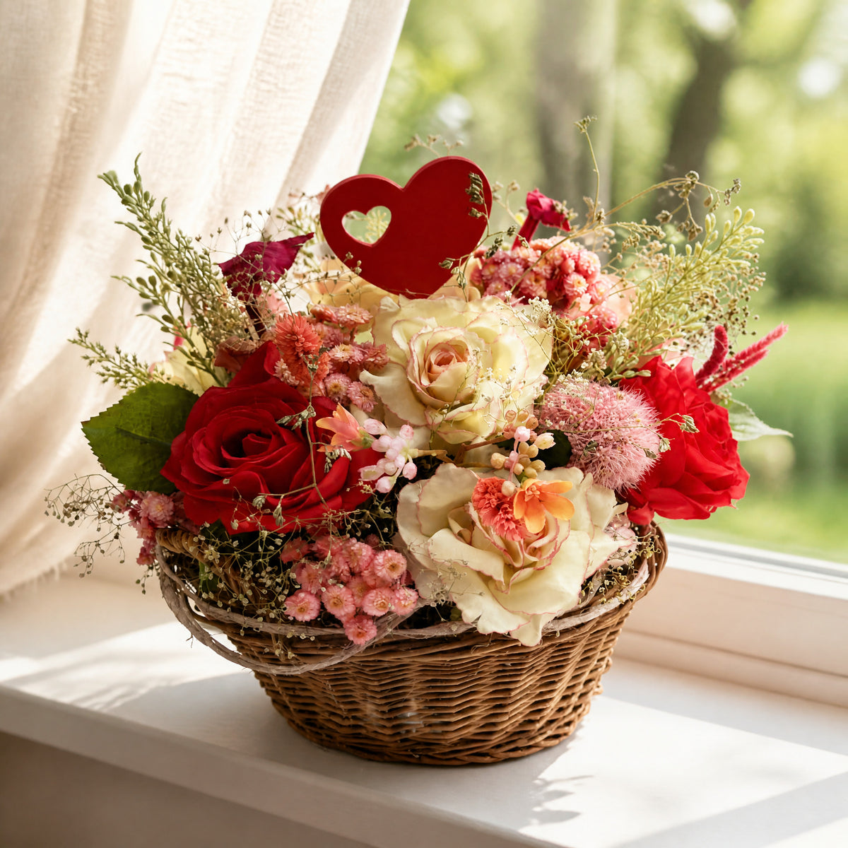 Szene Frühlingsgesteck Korb Herz Rosen Gräser rot rosa Valentinstag Muttertag