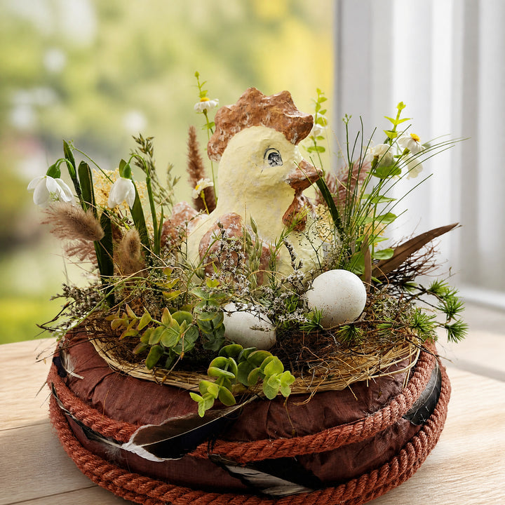 Szene Ostergesteck Huhn Eier Schneeglöckchen Gräser creme braun XL