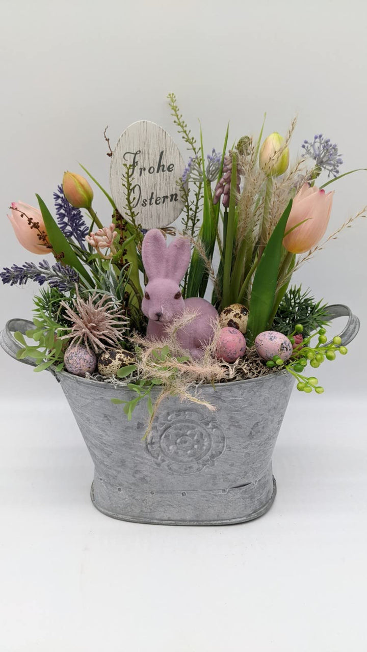 Ostergesteck Frühlingsgesteck Blumenarrangement Lavendel Tulpen"Frohe Ostern" Hase