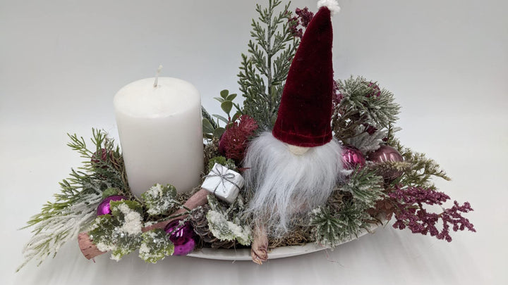 Weihnachtsgesteck Adventskranz Adventsgesteck Kugel Geschenk Wichtel Kerze Zapfen Tanne rosa weiß