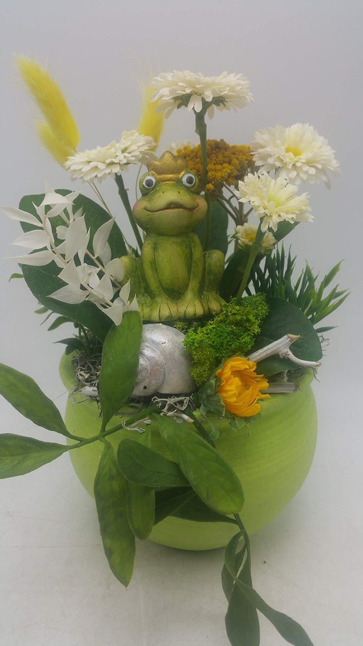 Blumengesteck Gesteck Sommergesteck Seidenblumen Frosch Bellis Schnecke weiß