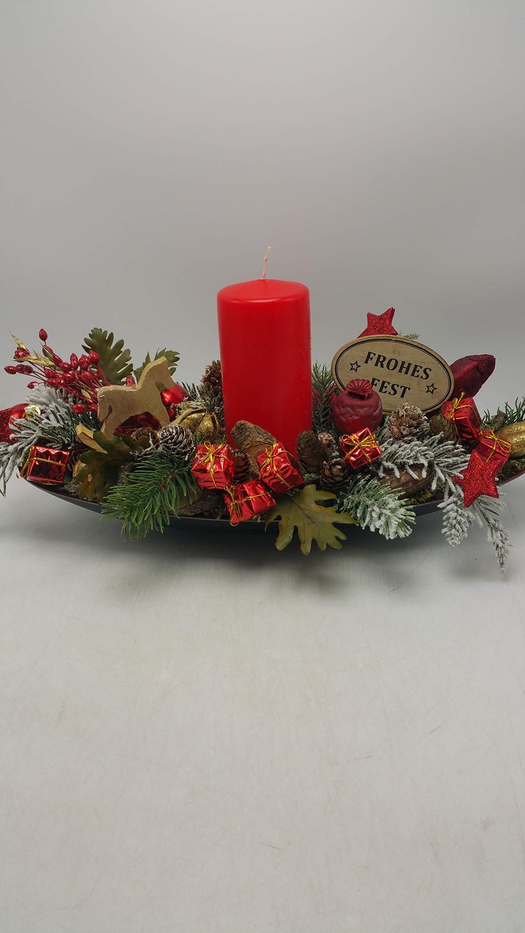 Weihnachtsgesteck Adventsgesteck Kunstfloristik Kerze Geschenke Schaukelpferd