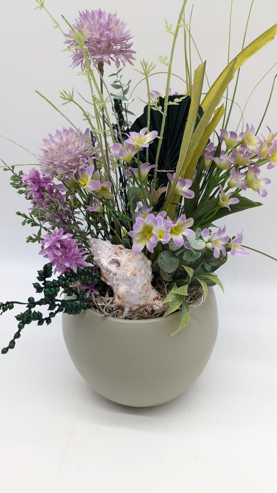 Tischgesteck Sommergesteck Wiesenblumen Muschel Blüten Gräser lila weiß