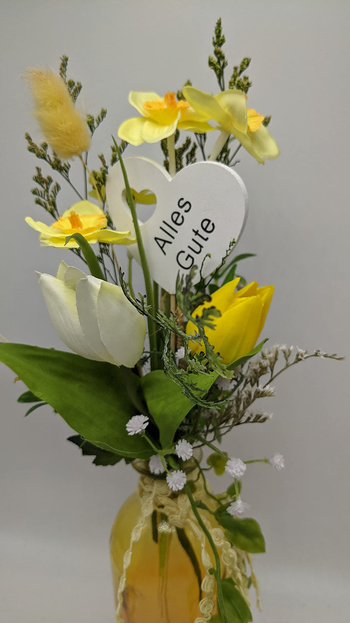 Muttertag Frühlingsgesteck Seidenblumen Blumengesteck Tulpen Narzissen Herz"Alles Gute" gelb