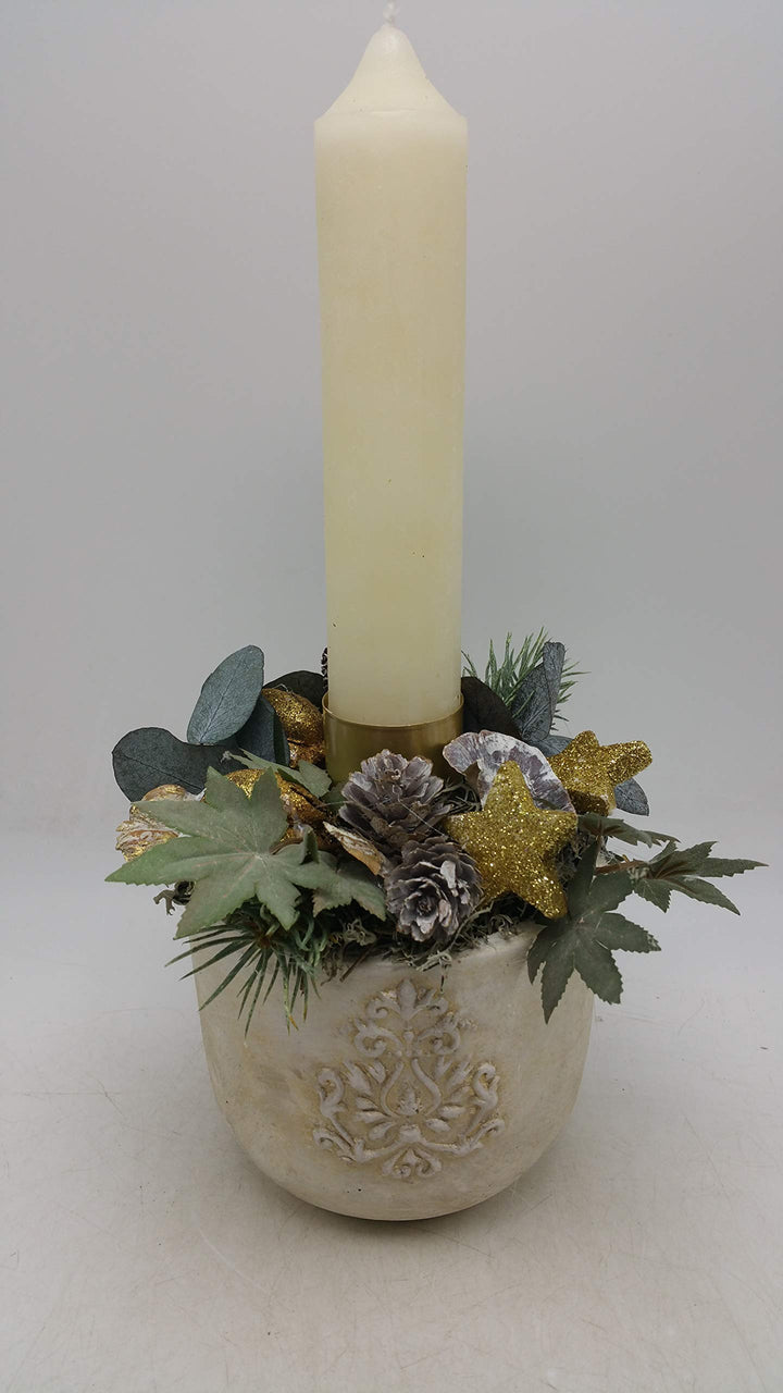 Weihnachtsgesteck Adventsgesteck Kunstfloristik Kerze Zapfen Sterne Nüsse Pilz