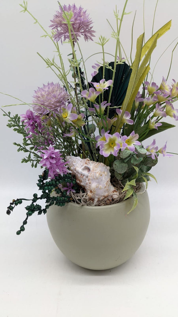 Tischgesteck Sommergesteck Wiesenblumen Muschel Blüten Gräser lila weiß