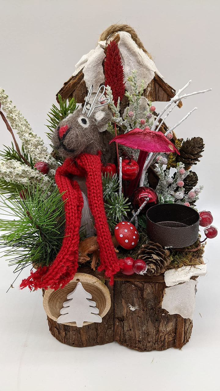 Weihnachtsgesteck Adventsgesteck Tischgesteck Elch Pilze Heide Teelicht Beeren rot