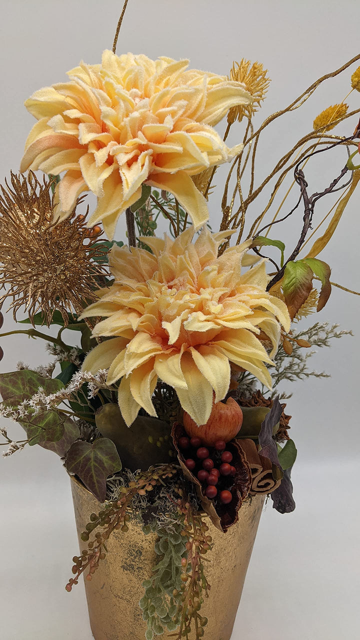 Tischgesteck Herbstgesteck Herbstdekoration Seidenblumen Chrysanthemen Beeren Efeu gold