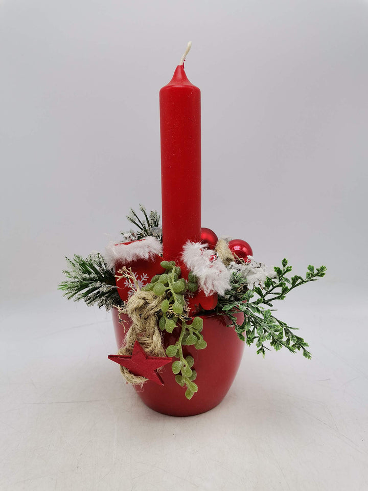 Weihnachtsgesteck Adventsgesteck Wintergesteck Kerze Kugeln Stern Handschuhe rot weiß