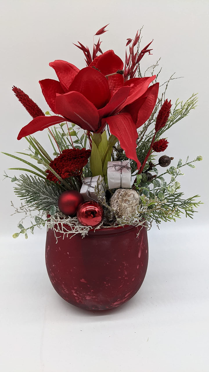 Wintergesteck Winterdekoration Blumenarrangement Amaryllis Geschenke Tischgesteck rot