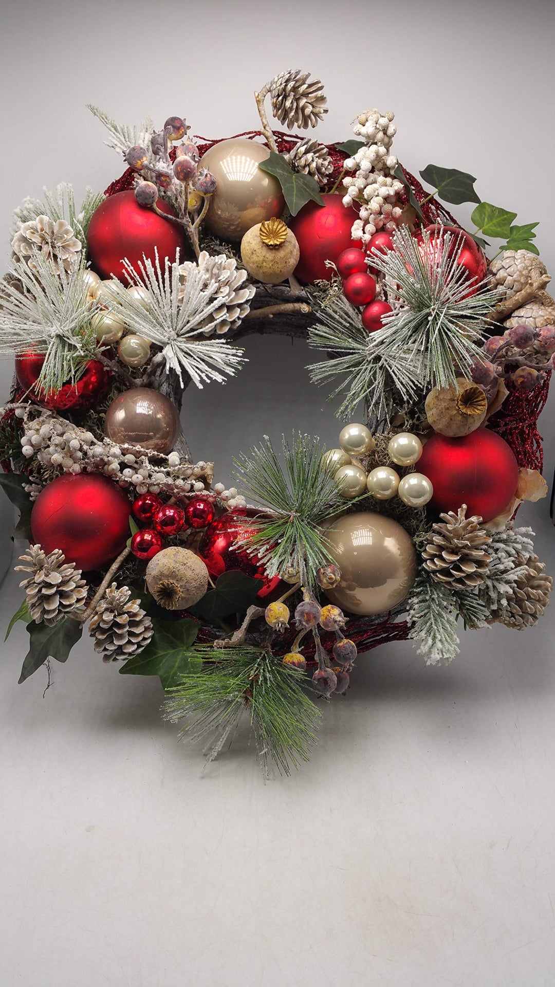 Weihnachtskranz Ring Kranz Wintergesteck Kugeln Zapfen Beeren Kiefer rot creme XL
