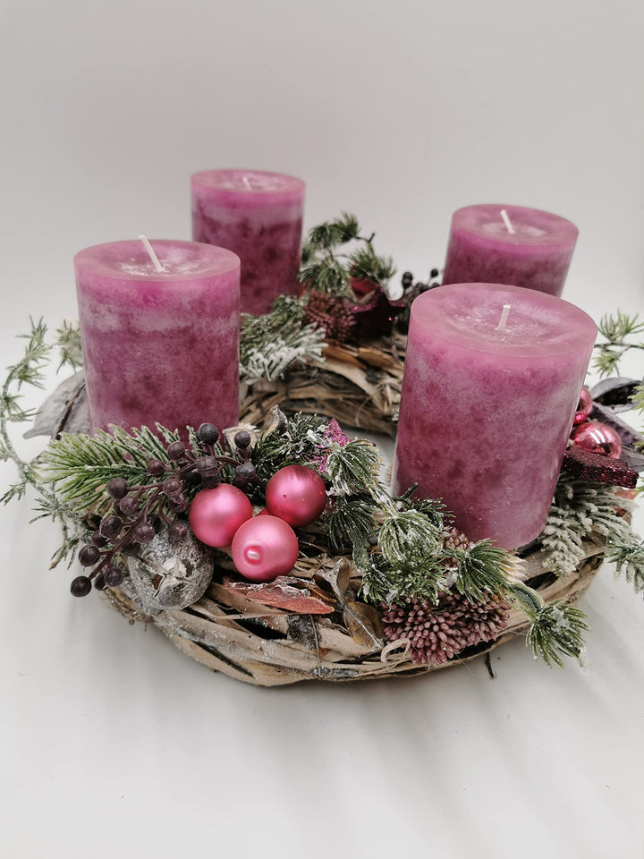 Weihnachtsgesteck Adventskranz Adventsgesteck Kugel Stern Kerze Beeren Tanne rosa pink