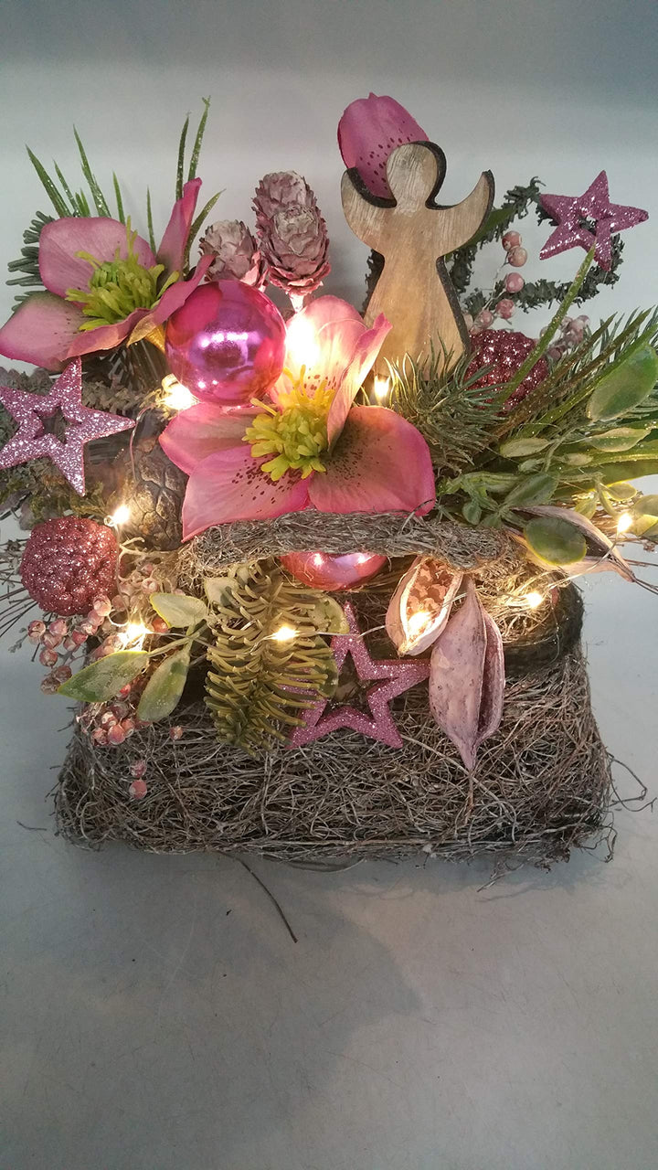 Weihnachtsgesteck Wintergesteck Seidenblumengesteck Christrose Engel beleuchtet