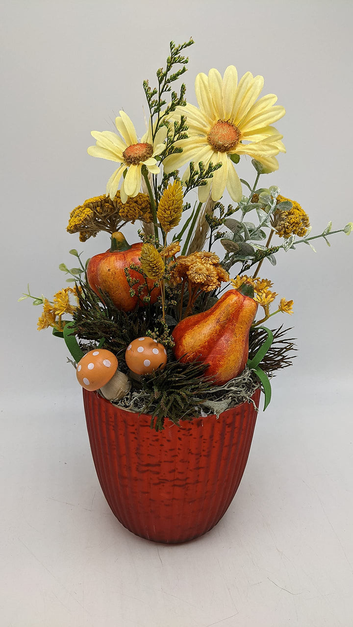Tischgesteck Herbstgesteck Herbstdekoration Seidenblumen Margeriten Kürbis Pilze orange