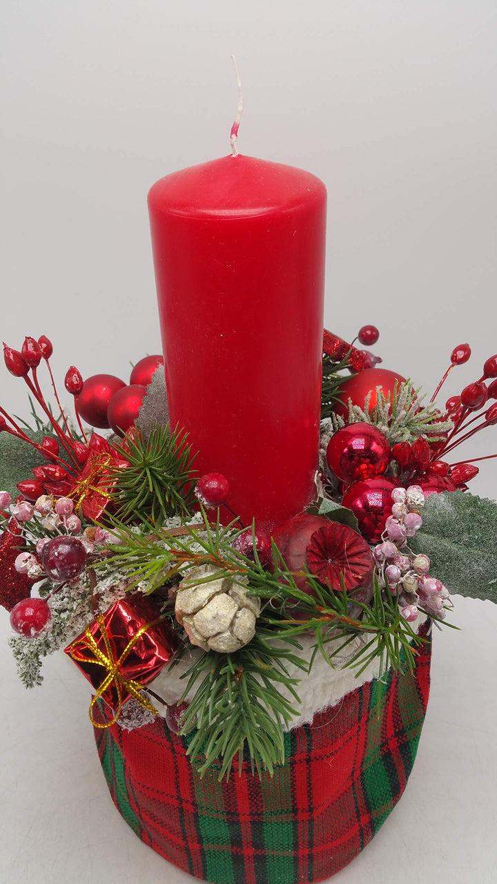 Weihnachtsgesteck Adventsgesteck Kunstfloristik Kerze Kugeln Sterne Geschenke