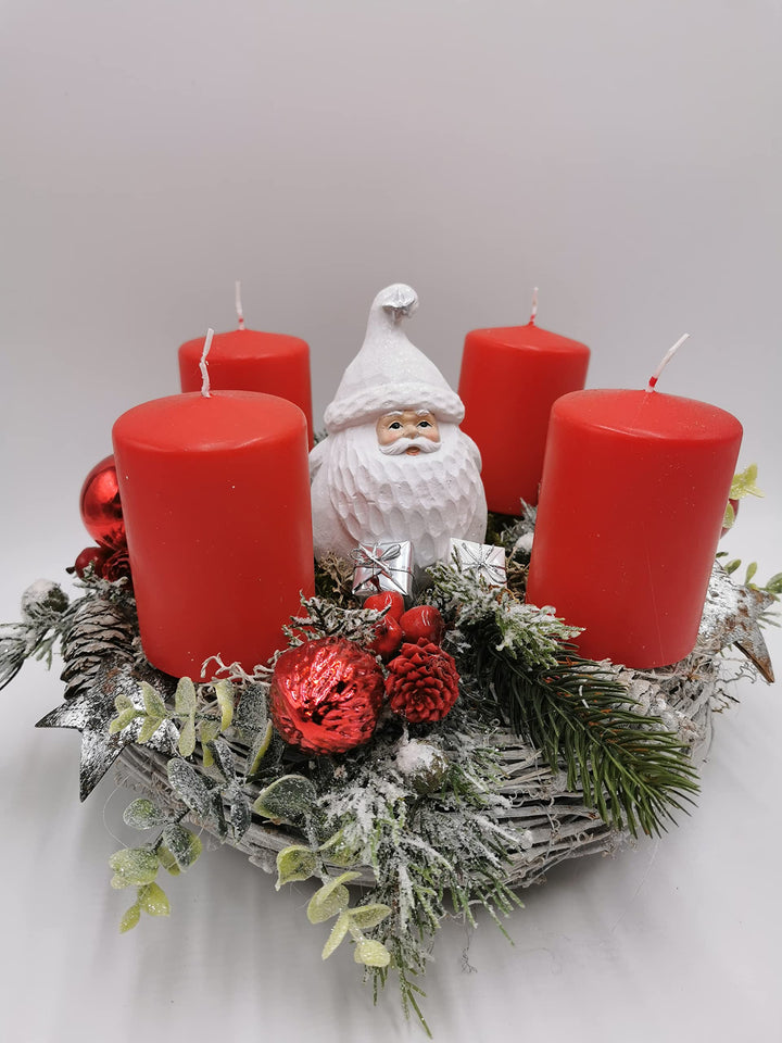 Weihnachtsgesteck Adventskranz Adventsgesteck Kugel Stern Zapfen Geschenk Kerze Weihnachtsmann Beeren Tanne rot weiß