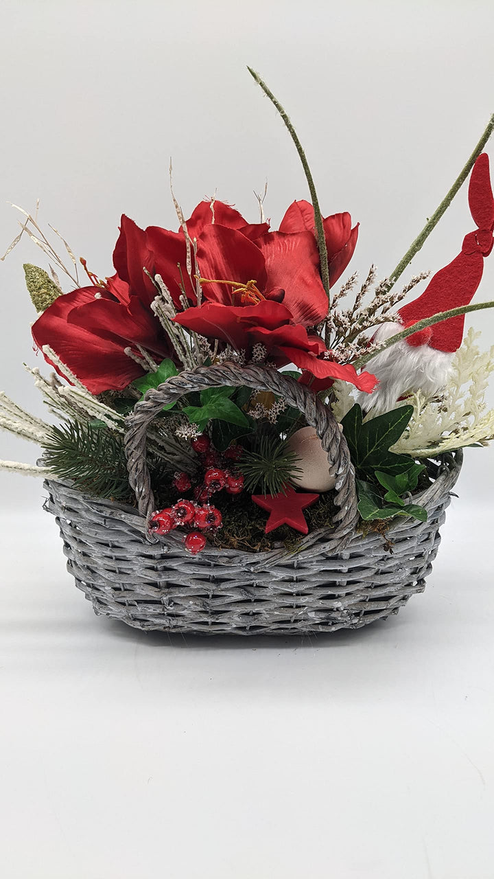 Weihnachtsgesteck Blumenarrangement Wintergesteck Amaryllis Wichtel Tischgesteck rot