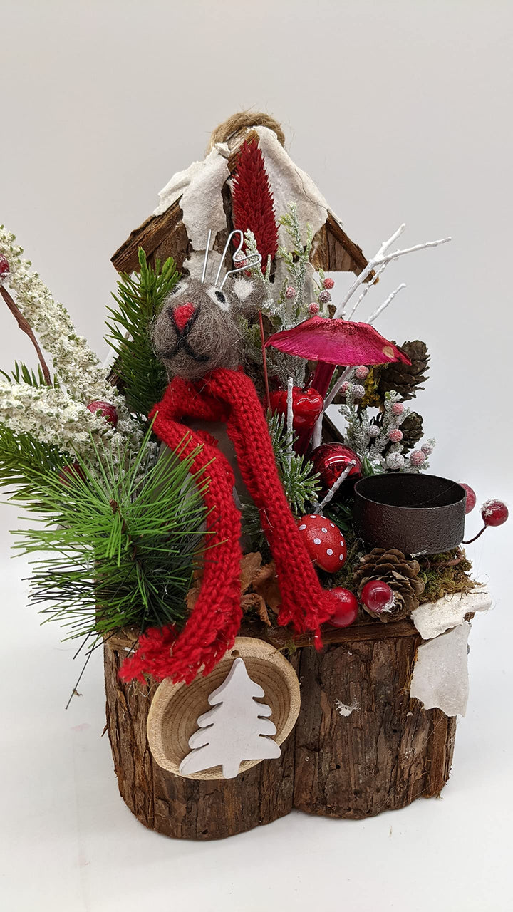 Weihnachtsgesteck Adventsgesteck Tischgesteck Elch Pilze Heide Teelicht Beeren rot