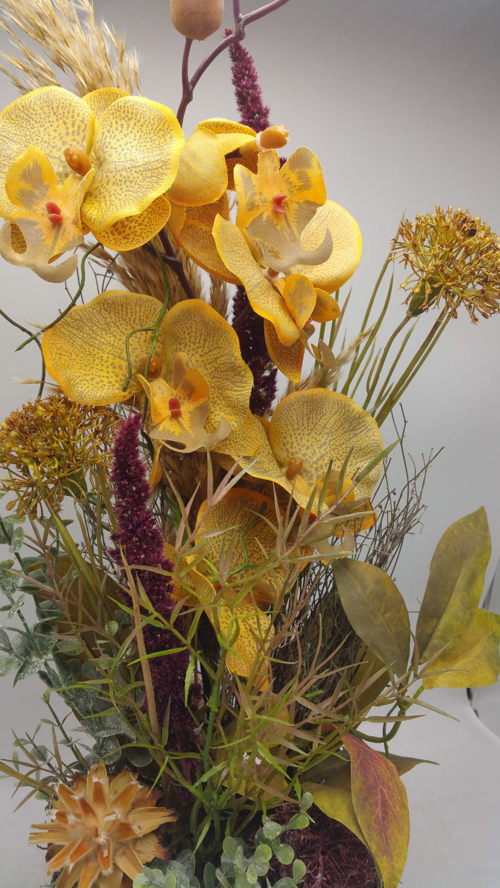 Seidenblumengesteck Herbstgesteck Orchidee Laub Heide ocker