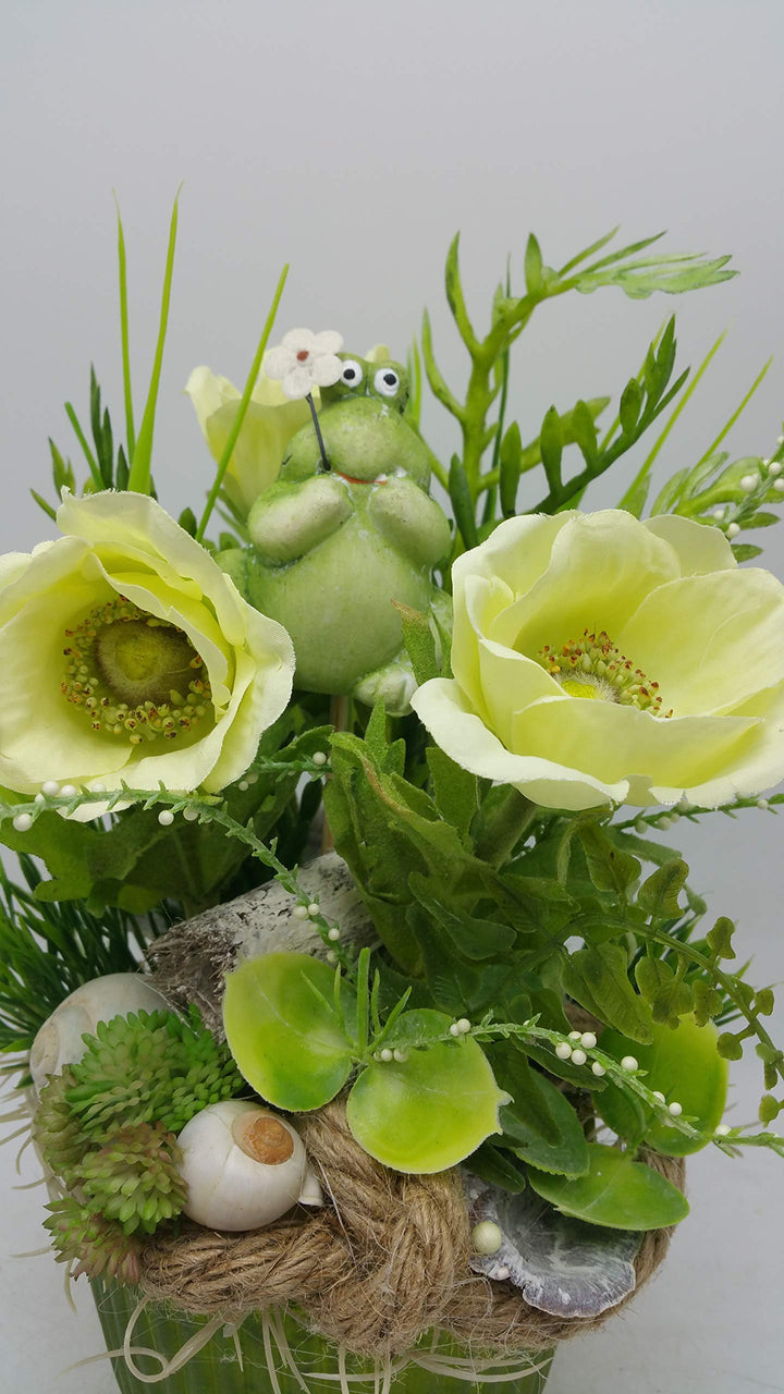 Seidenblumengesteck Sommergesteck Kunstblumen Mohn Frosch Schnecken grün