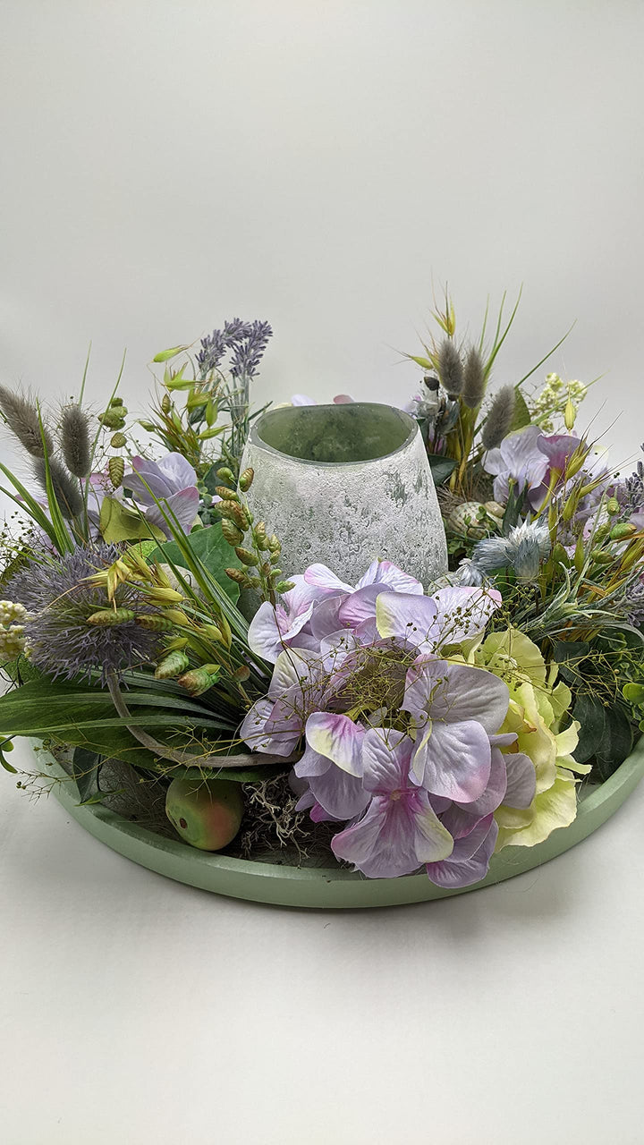 Sommergesteck Tischgesteck Sommerdekoration Seidenblumen Teelicht Hortensie Limonen lila XL