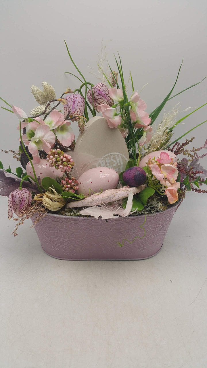 Seidenblumengesteck Frühlingsdeko Osterdeko Eier Wicken Schachbrettblumen rosa