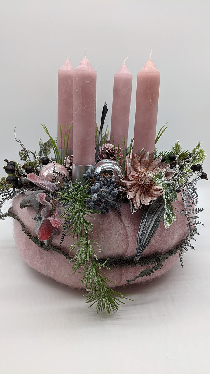 Weihnachtskranz Adventskranz Adventsgesteck Blüte Beeren Kerzen Kugeln Tischgesteck rosa
