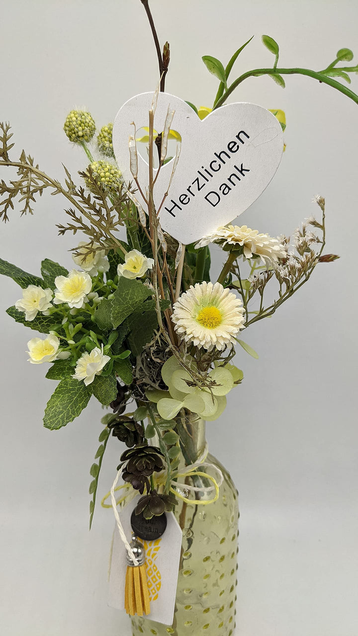 Muttertag Frühlingsgesteck Seidenblumen Blumengesteck Bellis Gräser Herz"Herzlichen Dank" weiß