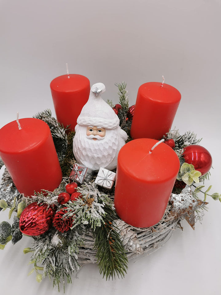 Weihnachtsgesteck Adventskranz Adventsgesteck Kugel Stern Zapfen Geschenk Kerze Weihnachtsmann Beeren Tanne rot weiß