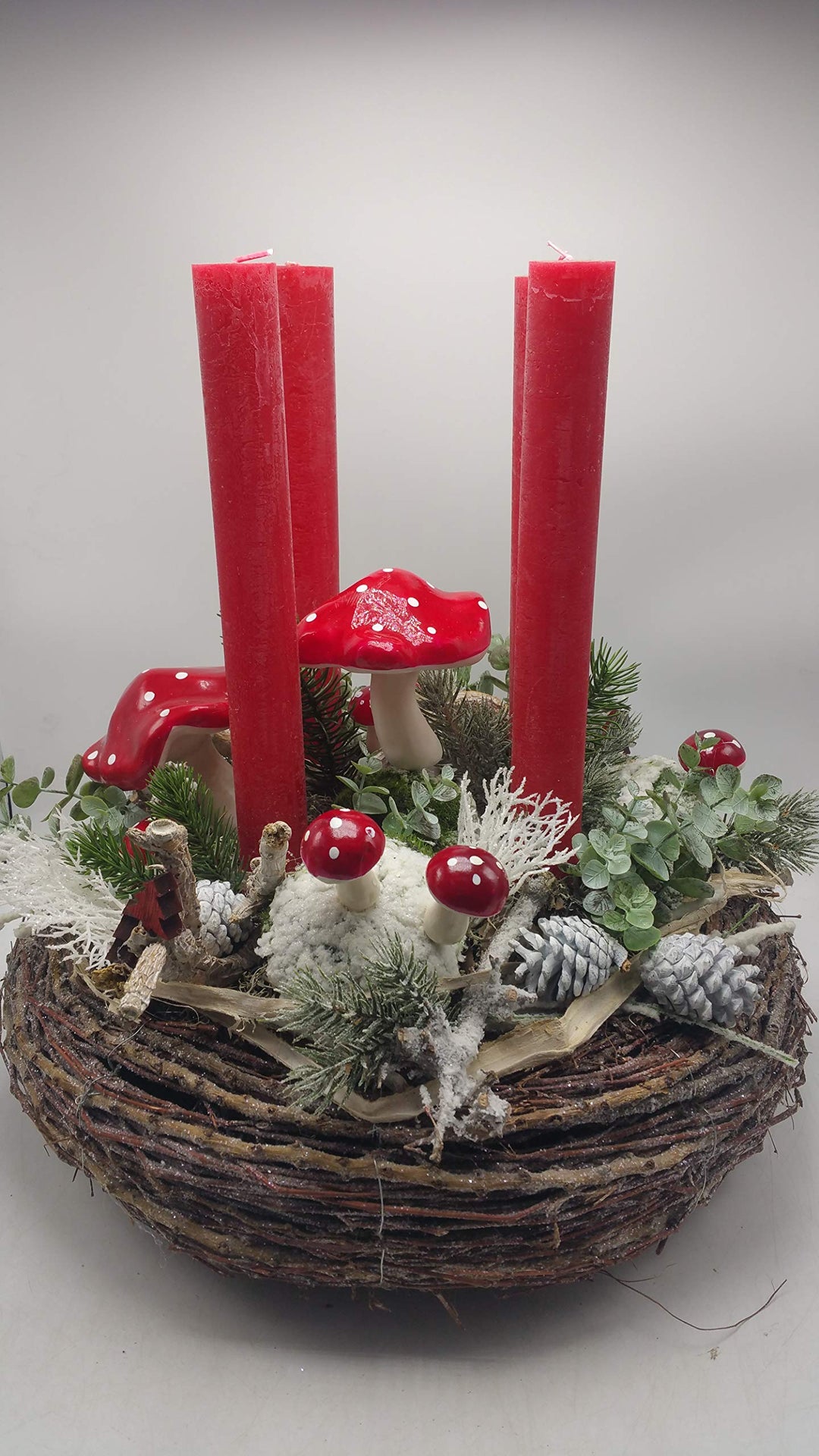 Weihnachtskranz Seidenblumengesteck Adventskranz Kerzen Pilze Zapfen Tanne XXL