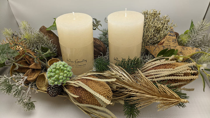 Weihnachtsgesteck Advent Adventsgesteck Wintergesteck Kerzen Banksia Stern Efeu gold XL