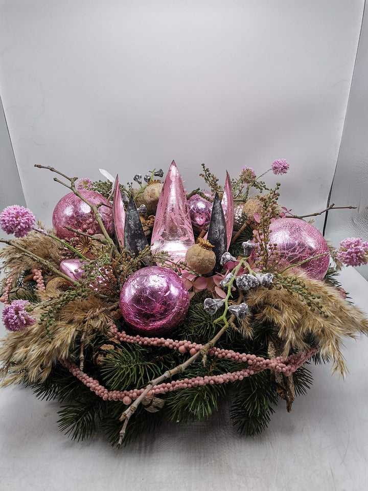 Weihnachtskranz Kranz Adventskranz Wintergesteck Kerzenhalter Bauernglaskugeln rosa XL