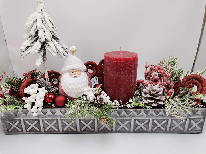 Weihnachtsgesteck Advent Adventsgesteck Kerze Weihnachtsmann Tannenbaum rot weiß XL