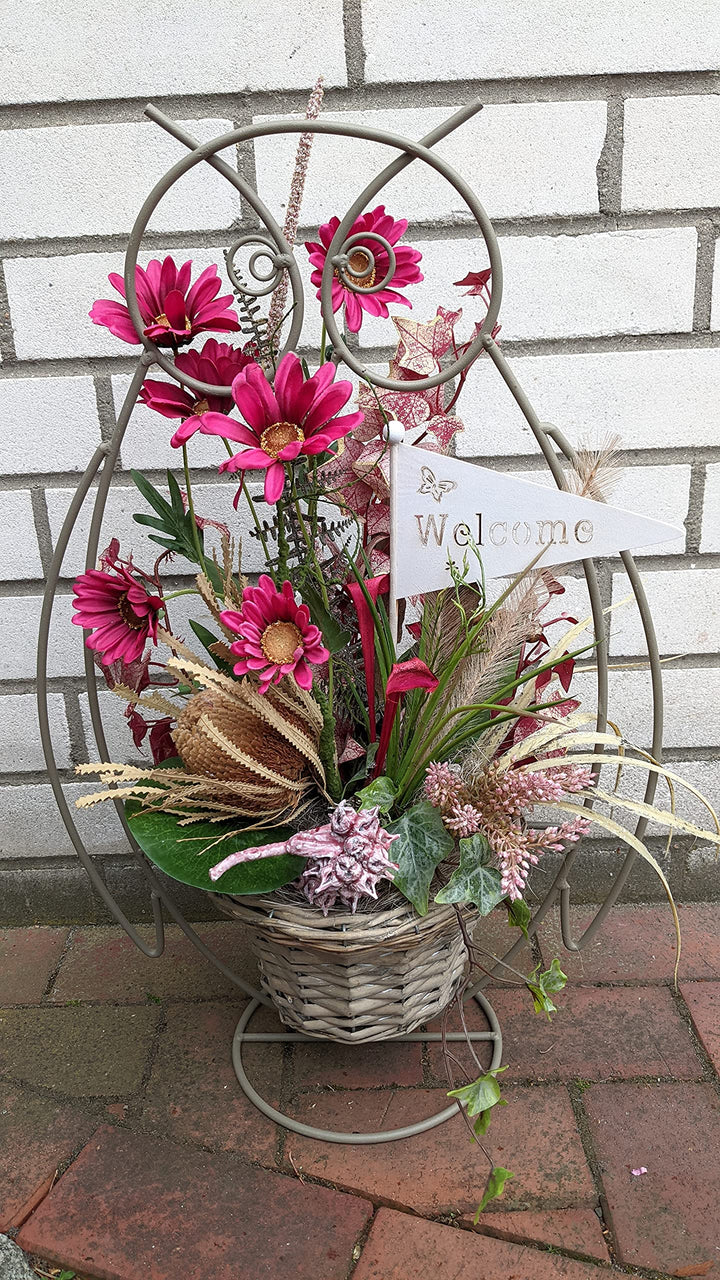 Sommergesteck Sommerdekoration Seidenblumen Eule Gerbera Banksia"Welcome" pink