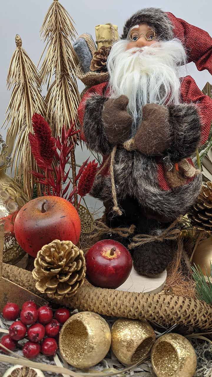 Weihnachtsgesteck Adventsgesteck Wintergesteck Weihnachtsmann Windlicht Banksia Äpfel XXL