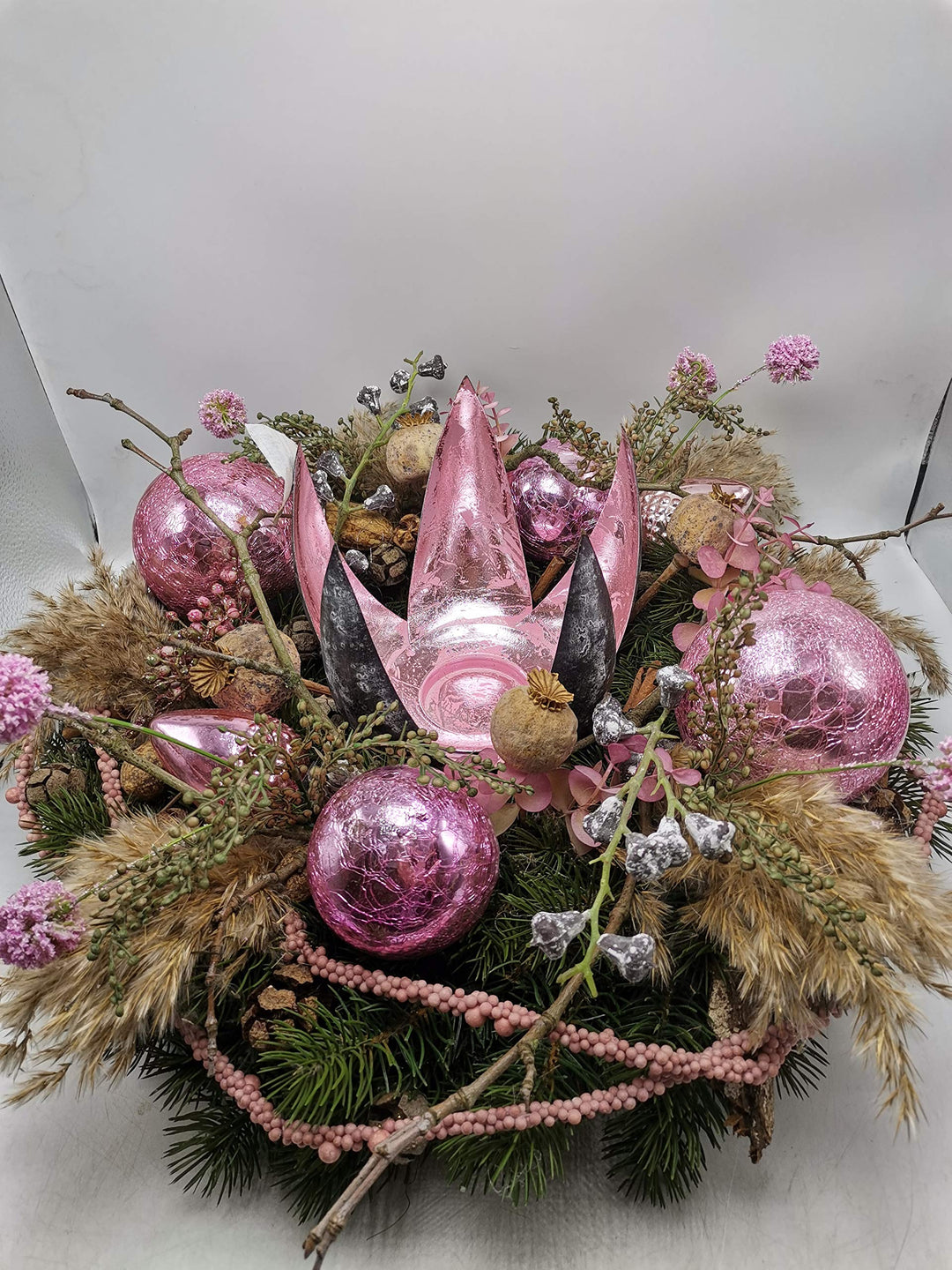Weihnachtskranz Kranz Adventskranz Wintergesteck Kerzenhalter Bauernglaskugeln rosa XL