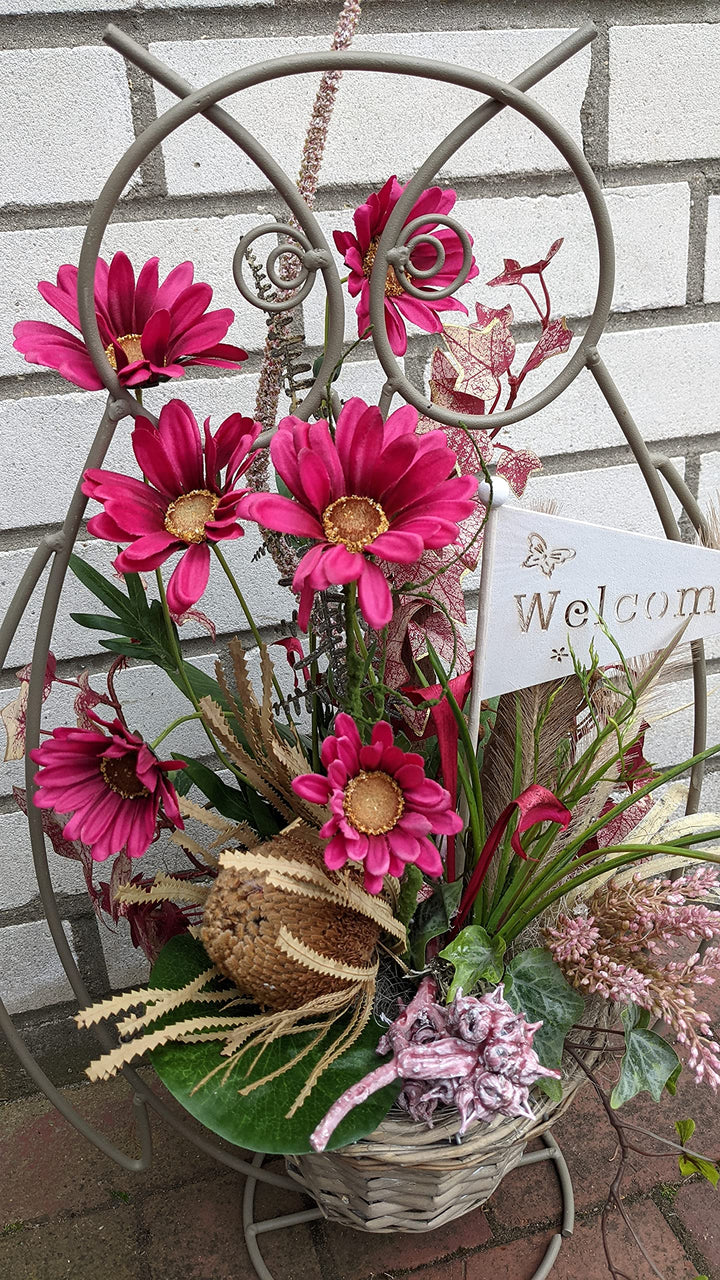 Sommergesteck Sommerdekoration Seidenblumen Eule Gerbera Banksia"Welcome" pink