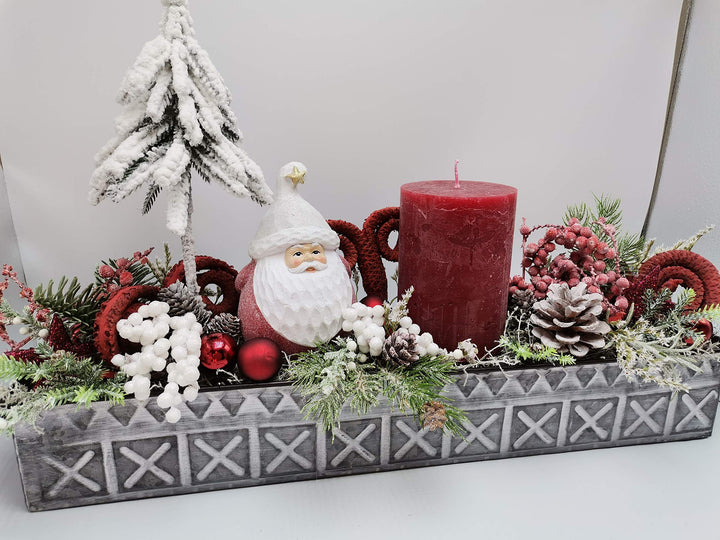 Weihnachtsgesteck Advent Adventsgesteck Kerze Weihnachtsmann Tannenbaum rot weiß XL