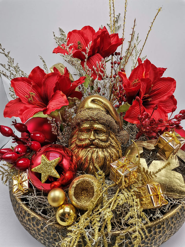 Wintergesteck Gesteck Weihnachtsgesteck Amaryllis Weihnachtsmann Kugeln rot gold XL